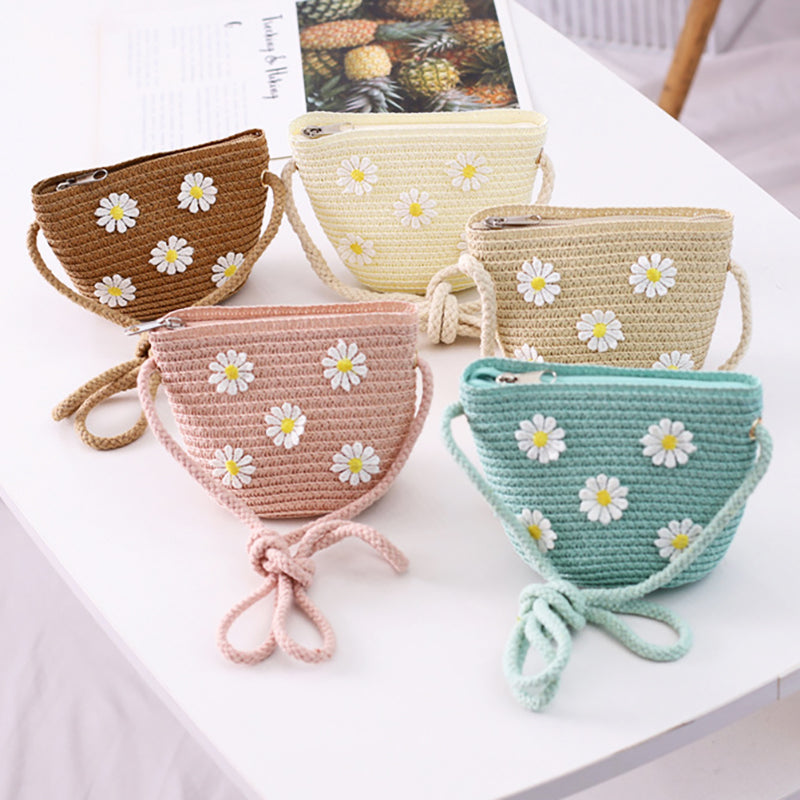 Kid Girl Daisy Flower Decor Straw Crossbody Bag