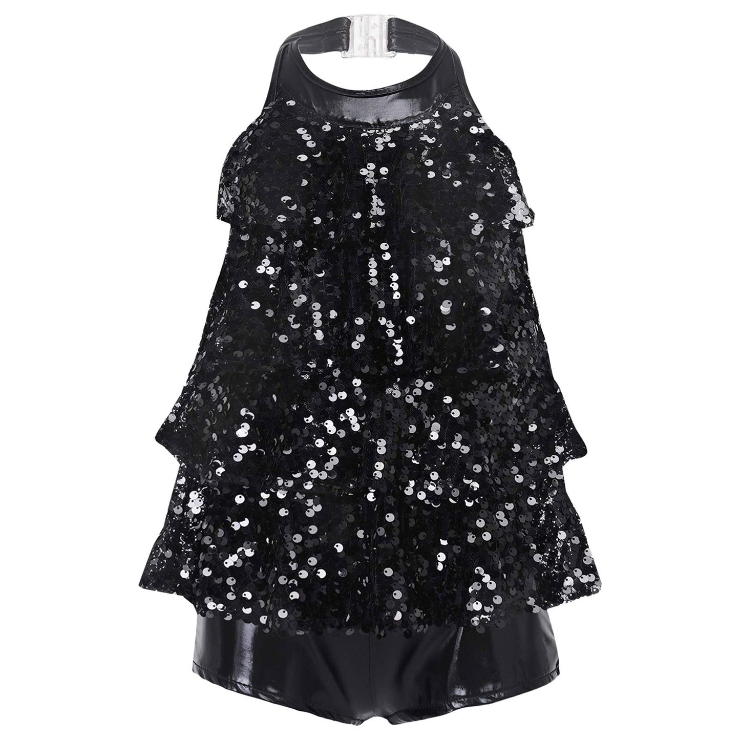 Shiny Sequins Halter Ballet Dance Shorty Unitard Dress