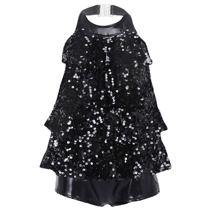 Shiny Sequins Halter Ballet Dance Shorty Unitard Dress