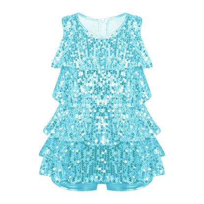 Shiny Sequins Halter Ballet Dance Shorty Unitard Dress
