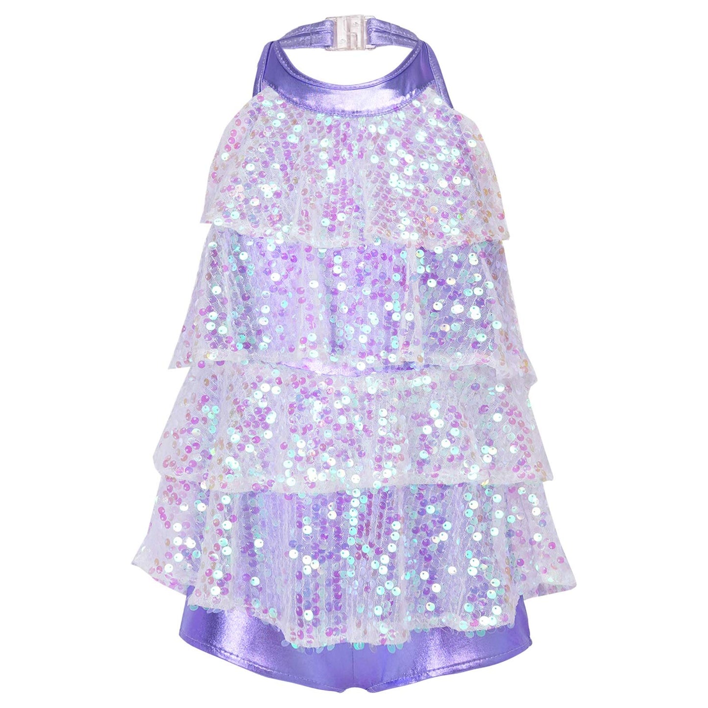 Shiny Sequins Halter Ballet Dance Shorty Unitard Dress