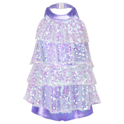 Shiny Sequins Halter Ballet Dance Shorty Unitard Dress