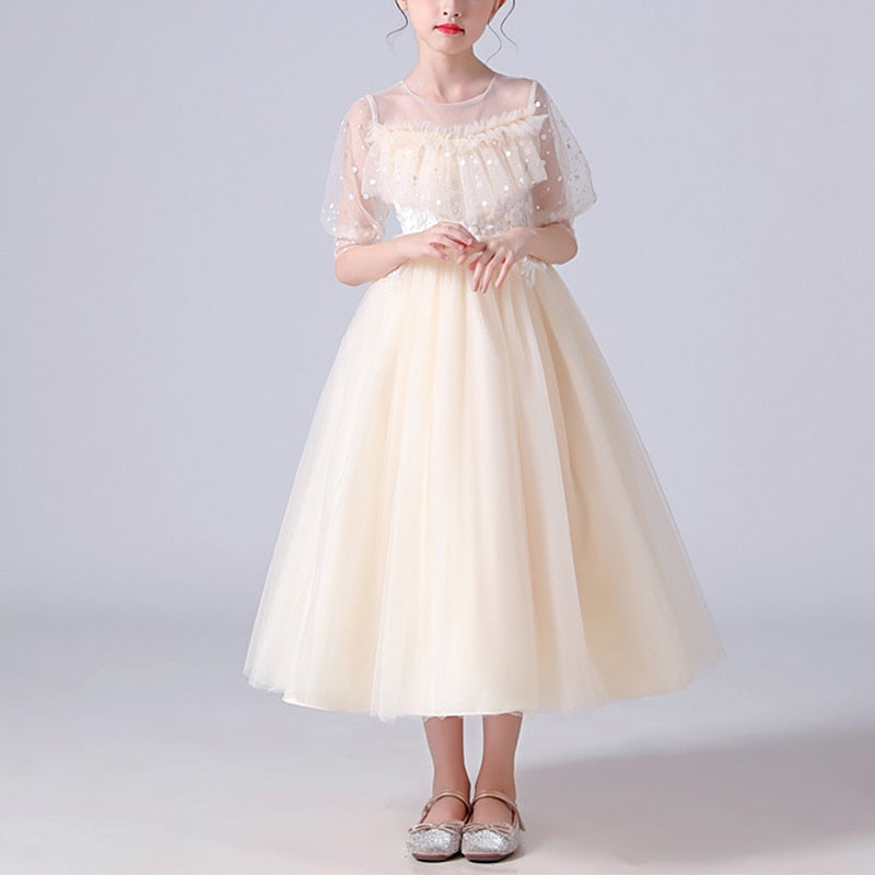 Dotted See Through Sleeves Ruffle and Lace Girls Party Dress