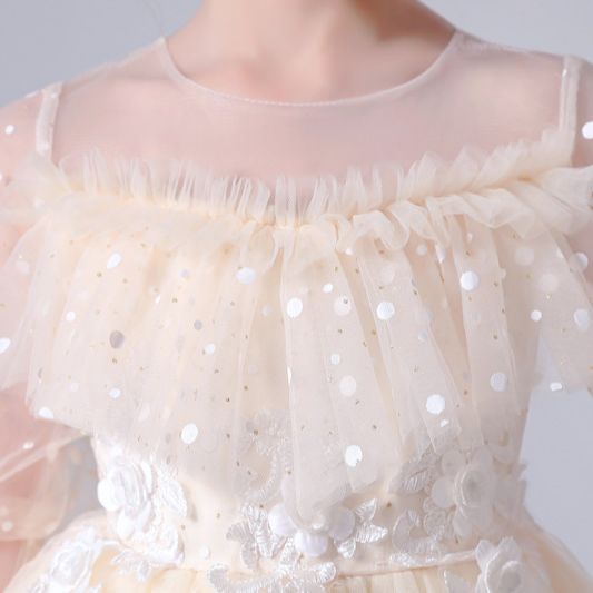 Dotted See Through Sleeves Ruffle and Lace Girls Party Dress