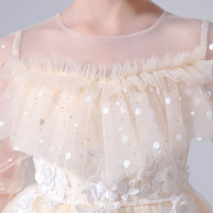 Dotted See Through Sleeves Ruffle and Lace Girls Party Dress