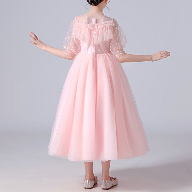 Dotted See Through Sleeves Ruffle and Lace Girls Party Dress