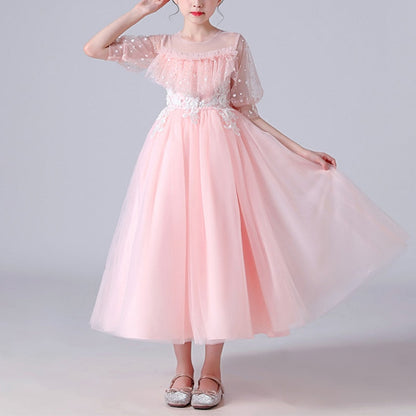 Dotted See Through Sleeves Ruffle and Lace Girls Party Dress