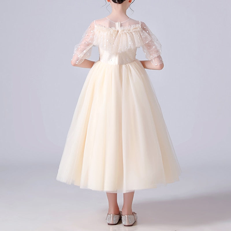 Dotted See Through Sleeves Ruffle and Lace Girls Party Dress
