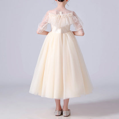 Dotted See Through Sleeves Ruffle and Lace Girls Party Dress