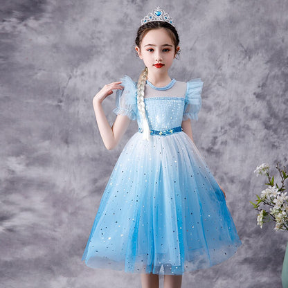 Sequin Design Puff Sleeves Snow Princess Costume Party Dress