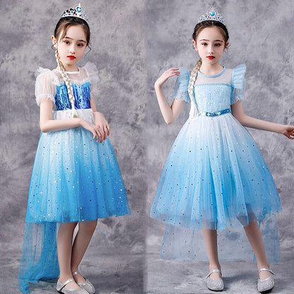Sequin Design Puff Sleeves Snow Princess Costume Party Dress