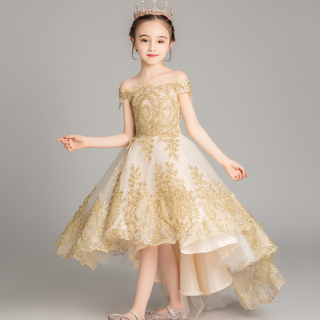Golden Sequin Embroidered Tulle Princess Flower Girl Dress