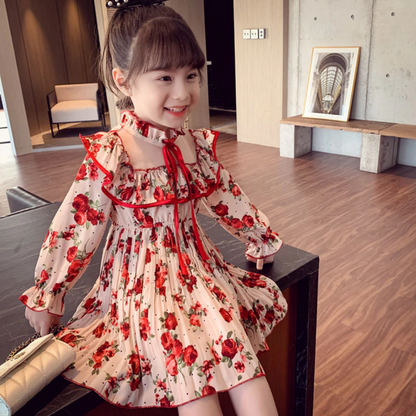 Back Sailor Turtle Neck Collar Floral Design Girl Dress