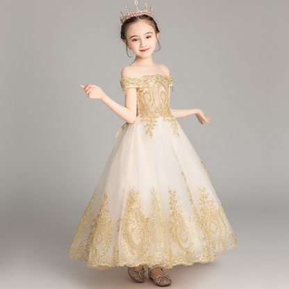 Golden Sequin Embroidered Tulle Princess Flower Girl Dress
