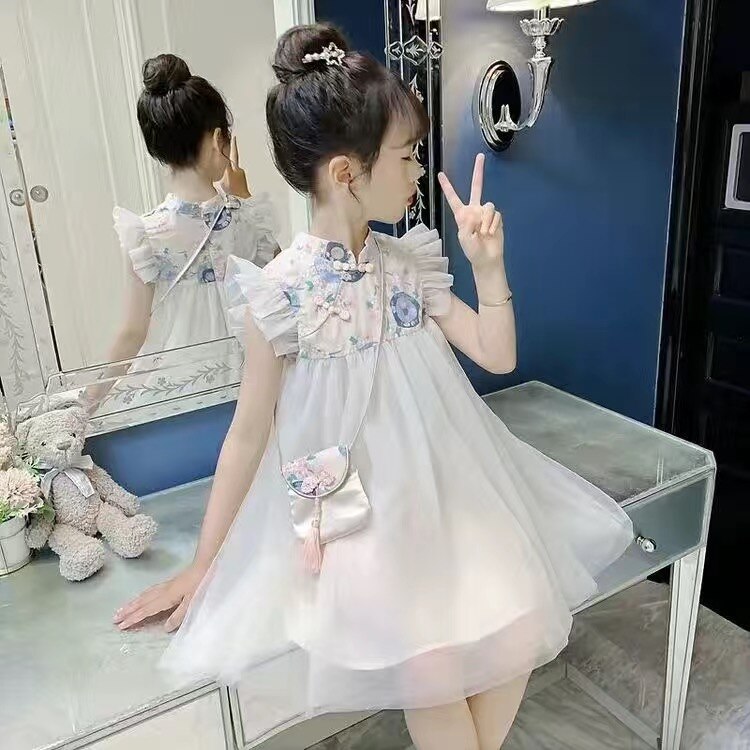 Girls Cheongsam Flower Bud Print Dress