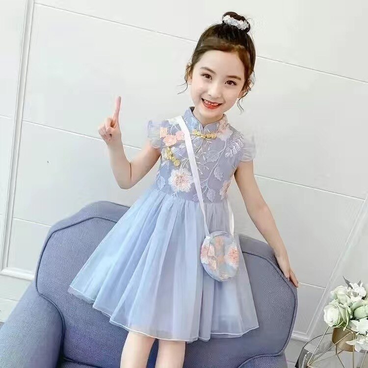 Girls Cheongsam Flower Bud Print Dress
