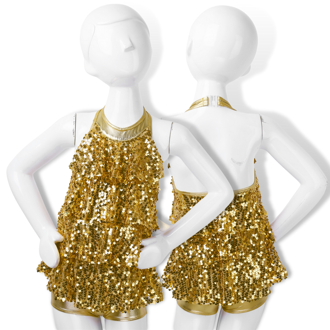 Shiny Sequins Halter Ballet Dance Shorty Unitard Dress