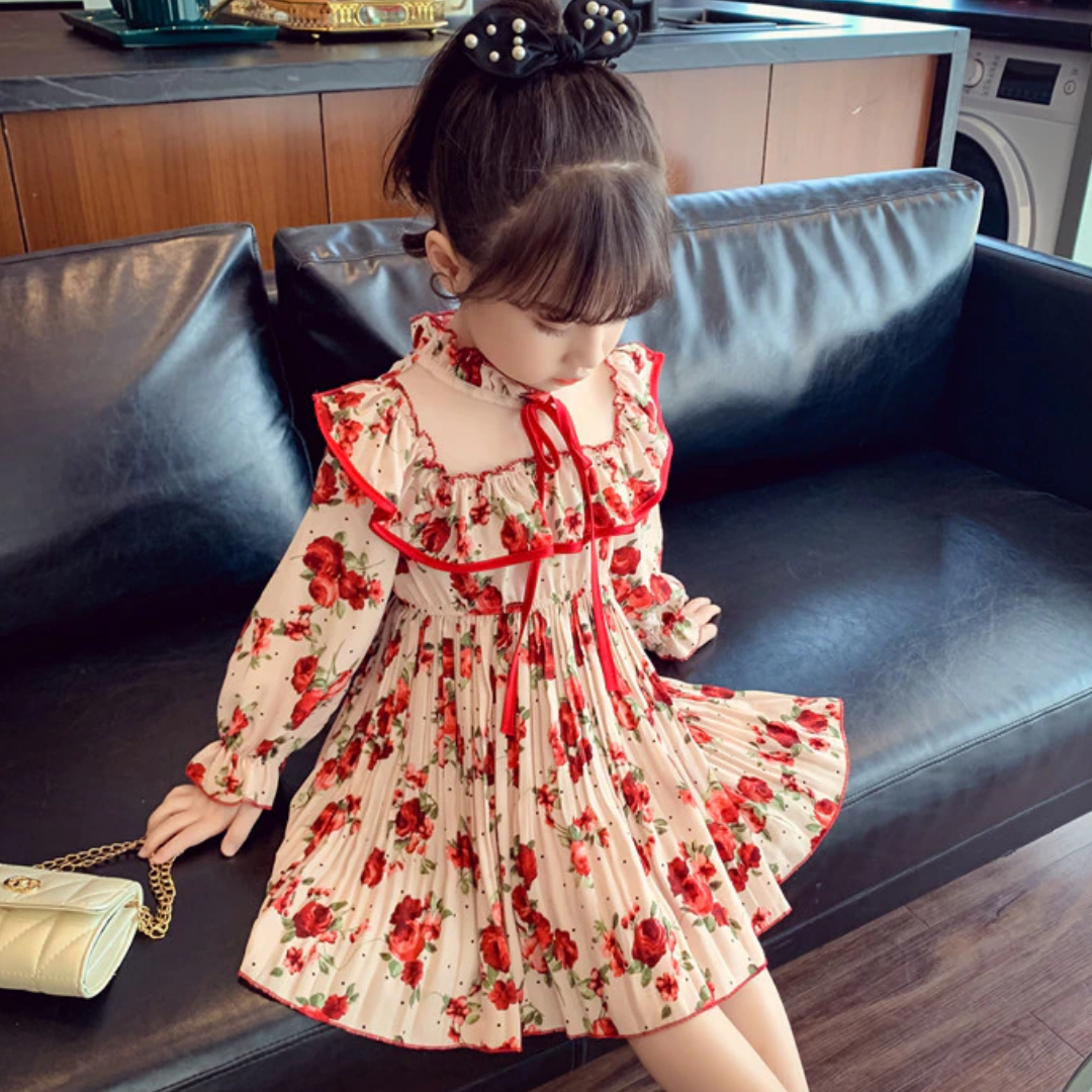 Back Sailor Turtle Neck Collar Floral Design Girl Dress