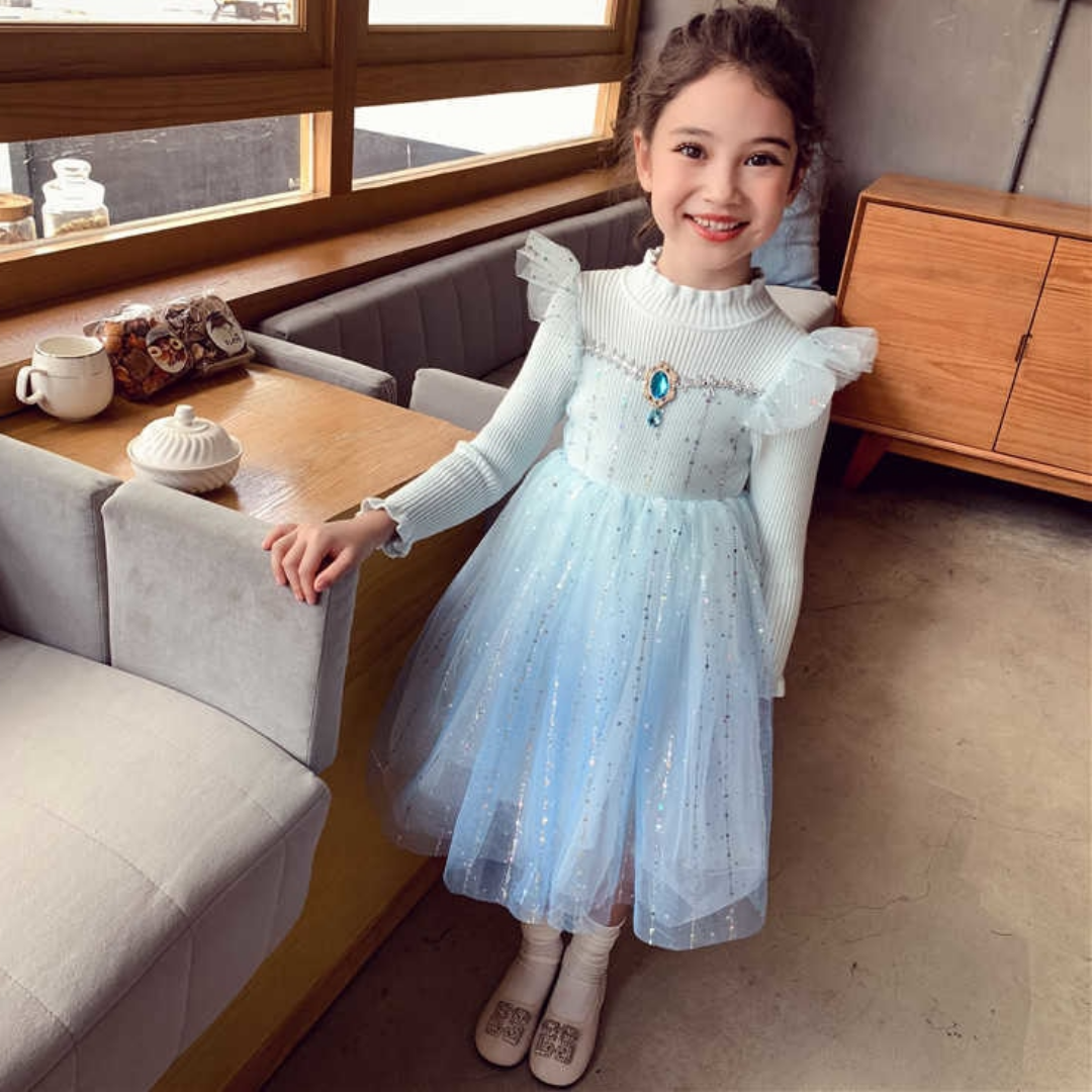 Butterfly Sleeves and Diamond Rhinestone Knitted Girl Dress