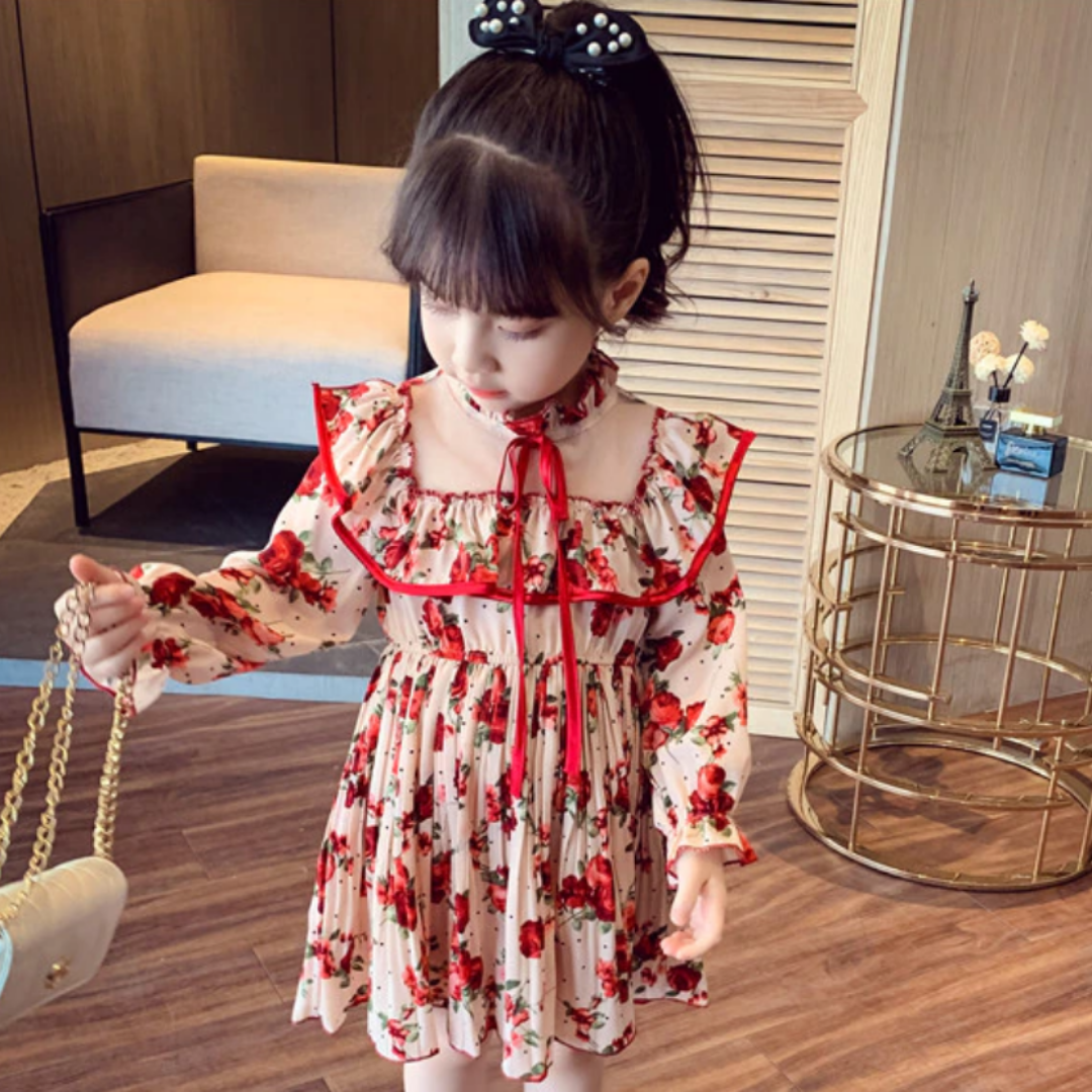 Back Sailor Turtle Neck Collar Floral Design Girl Dress