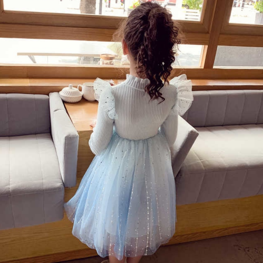 Butterfly Sleeves and Diamond Rhinestone Knitted Girl Dress