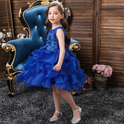 Elegant Blue Floral Petal Wave Princess Party Dress