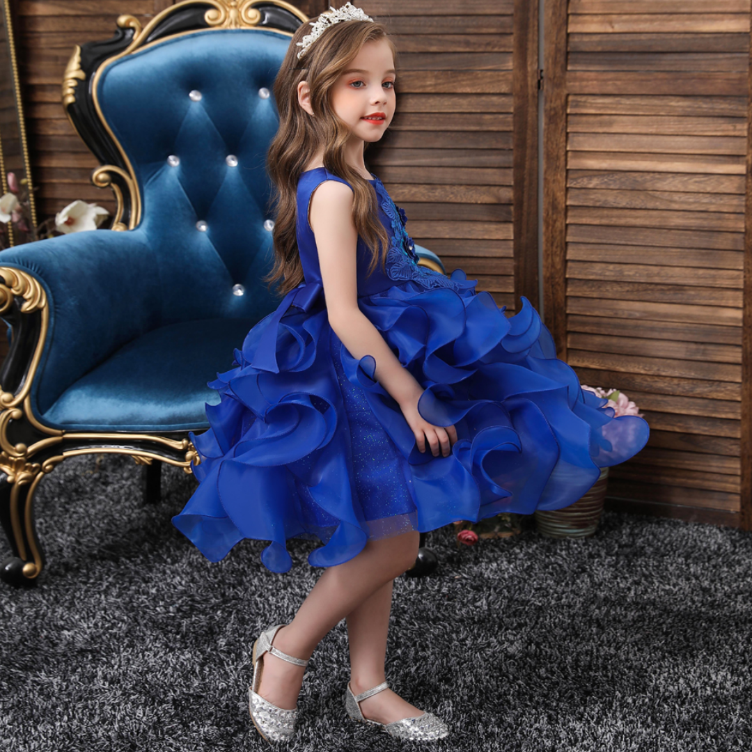 Elegant Blue Floral Petal Wave Princess Party Dress