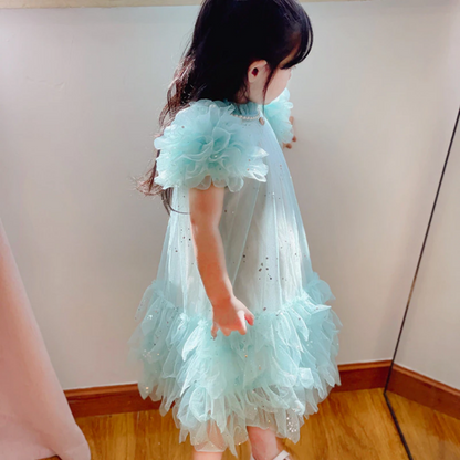 Ruffles Sleeves and Skirt Dotted Fashion Soft Tulle Dress