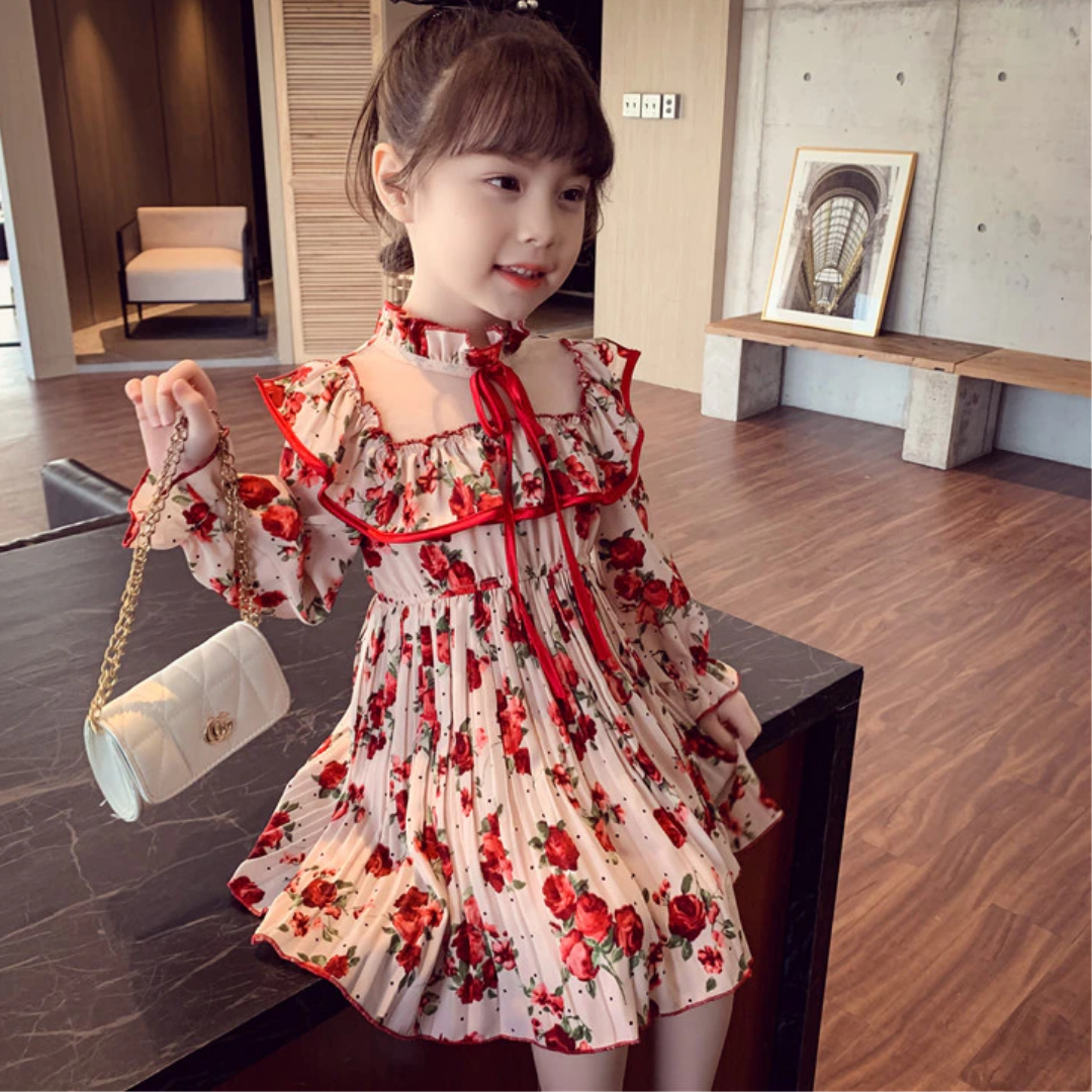 Back Sailor Turtle Neck Collar Floral Design Girl Dress