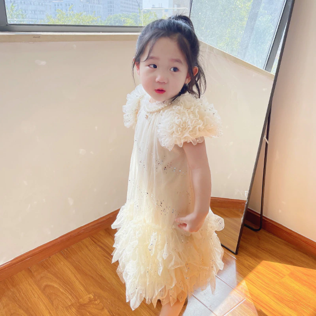 Ruffles Sleeves and Skirt Dotted Fashion Soft Tulle Dress