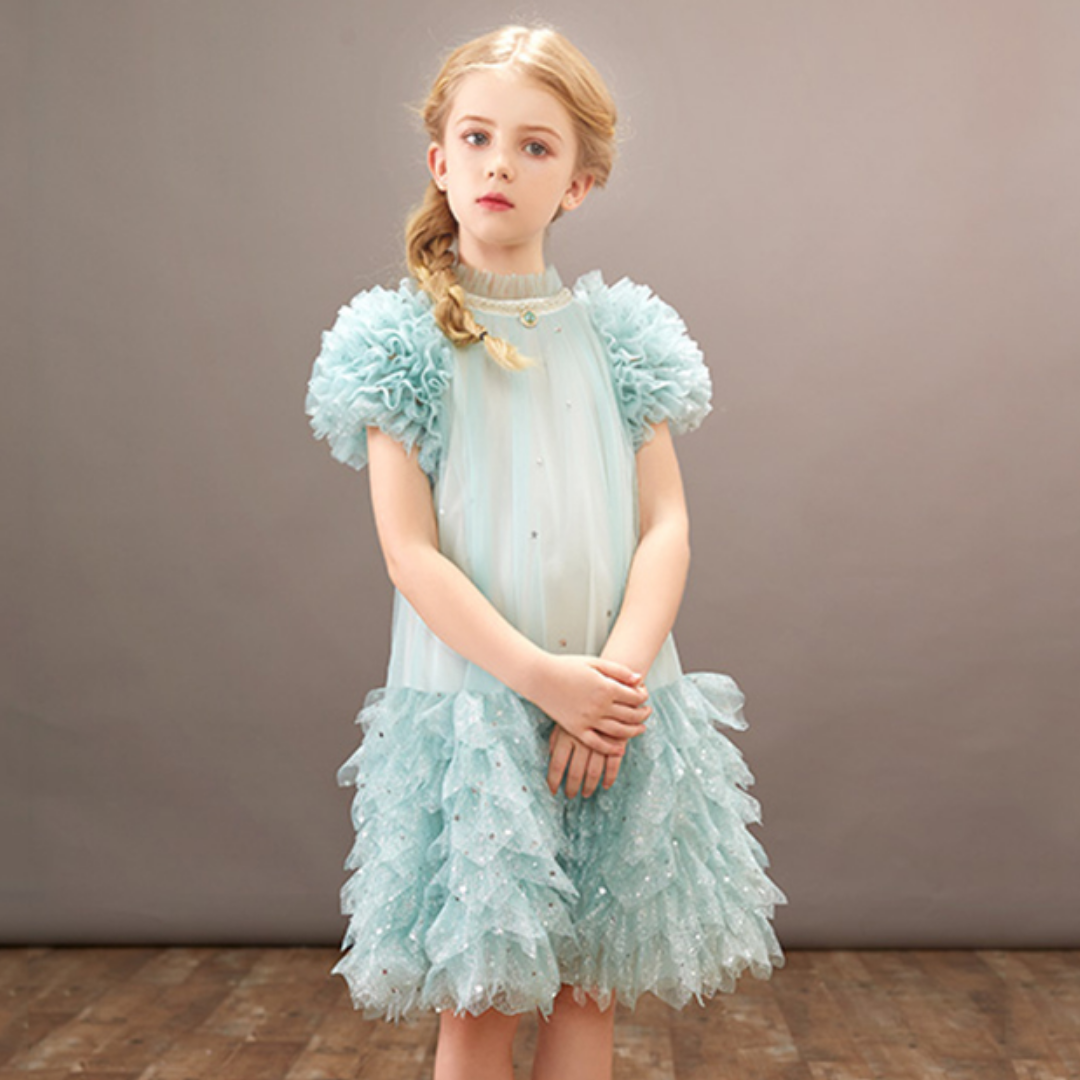 Ruffles Sleeves and Skirt Dotted Fashion Soft Tulle Dress