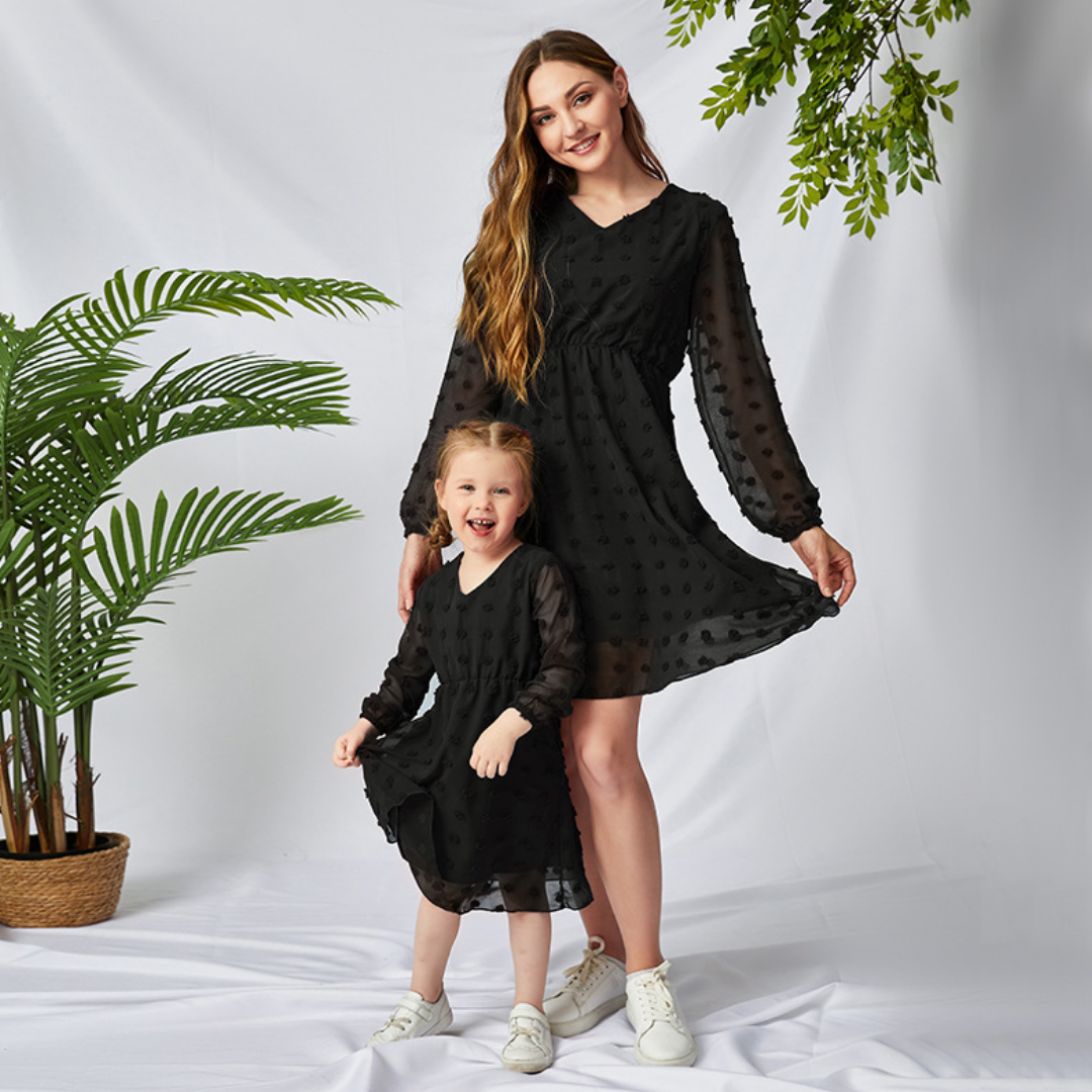 Dotted Texture See Through Sleeves Mommy and Me Dress