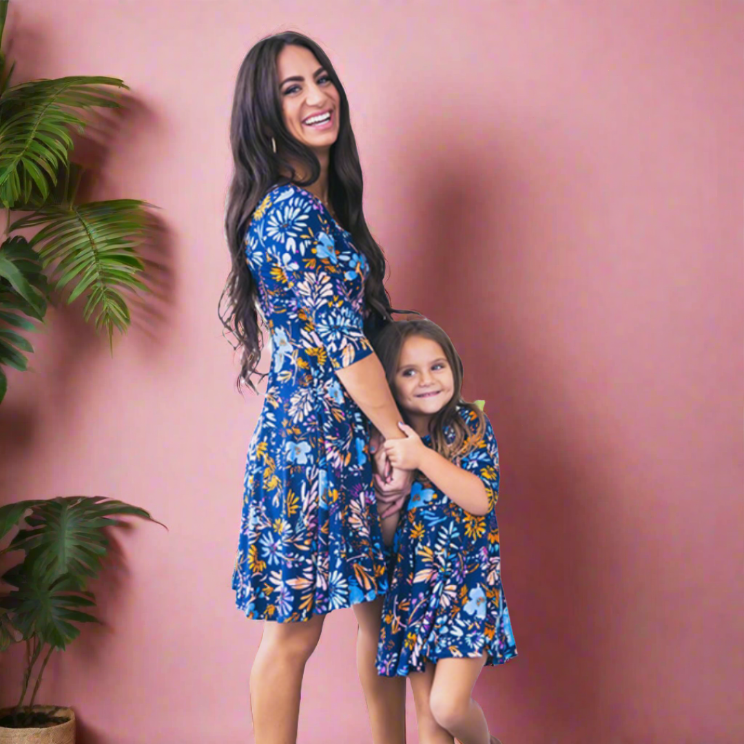 Blue Floral Printed Mommy and Me Matching Dress