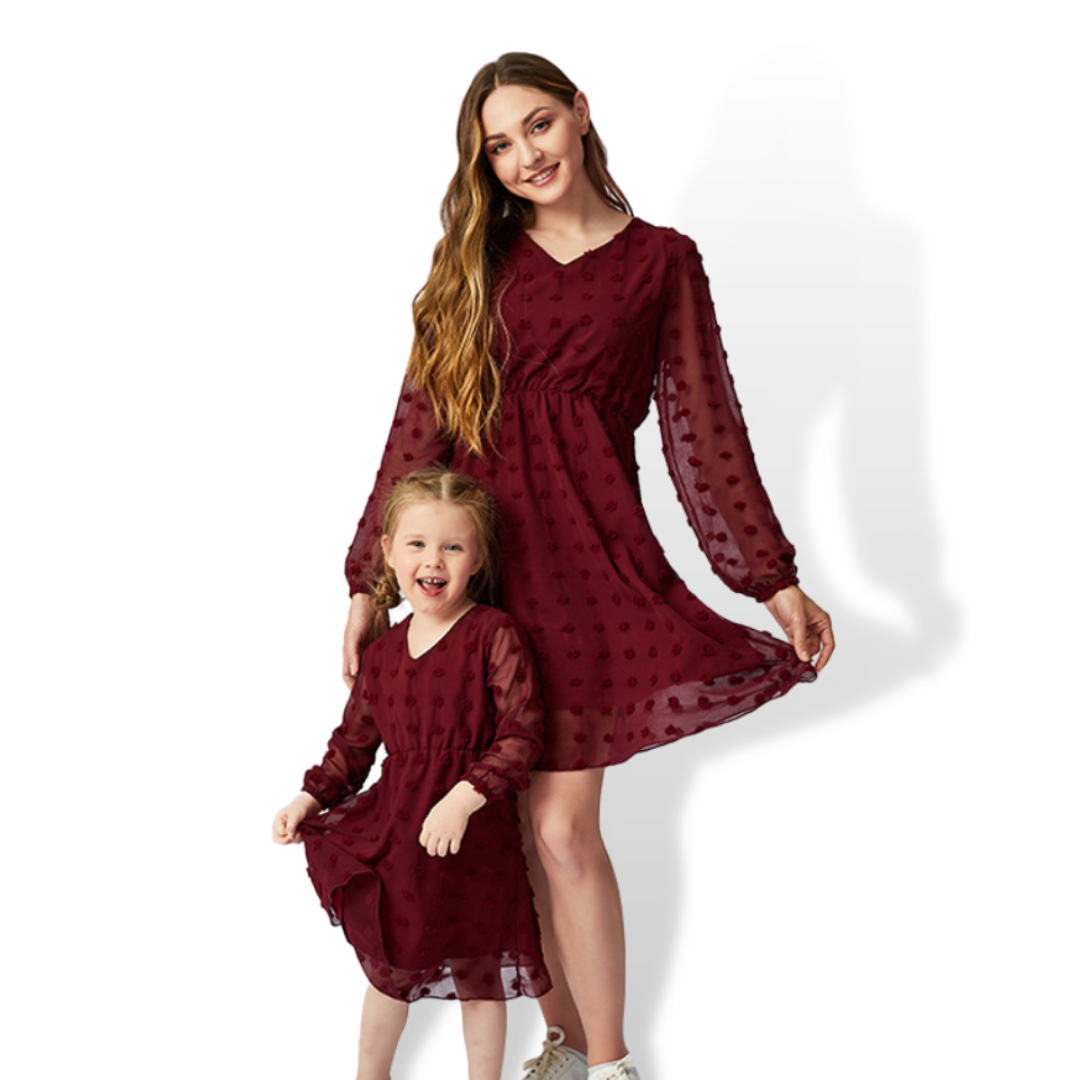 Dotted Texture See Through Sleeves Mommy and Me Dress