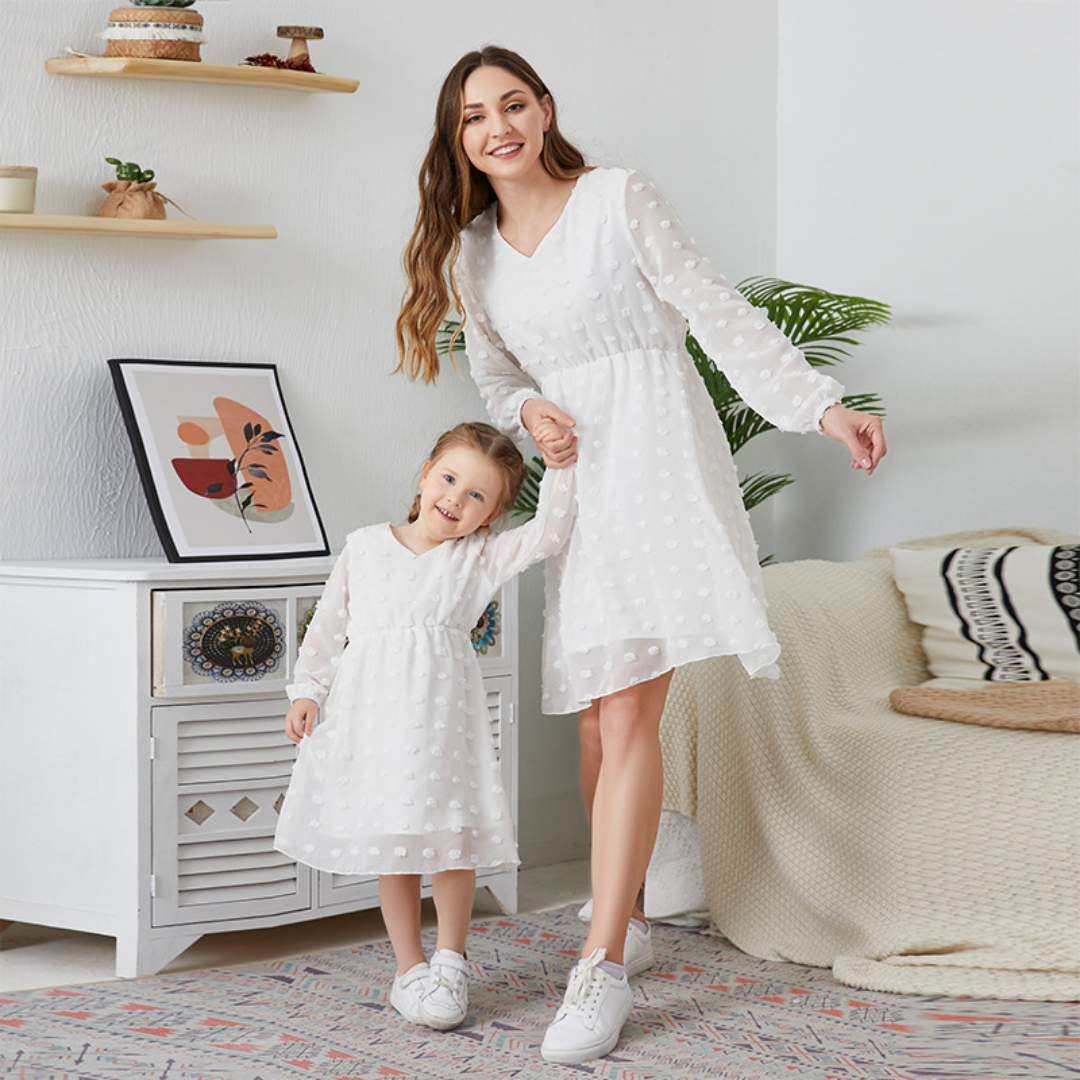 Dotted Texture See Through Sleeves Mommy and Me Dress