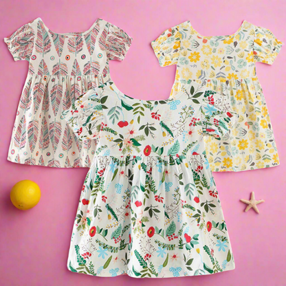 Nature Pattern Print Baby Girl Puff Sleeves Sundress
