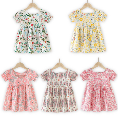 Nature Pattern Print Baby Girl Puff Sleeves Sundress