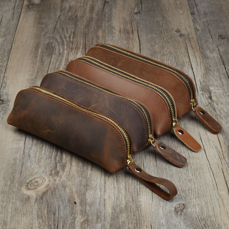 Vintage Minimalist Cowhide Zippered Pencil Case