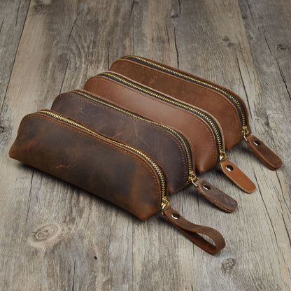 Vintage Minimalist Cowhide Zippered Pencil Case