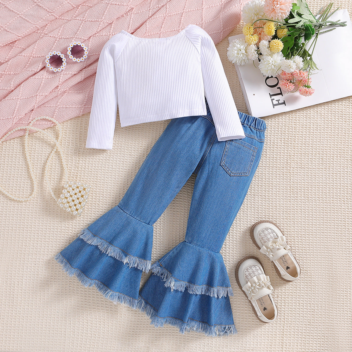 Wholesale Polyester Children's Drawstring Tops Denim Bell Bottoms Two Piece Set