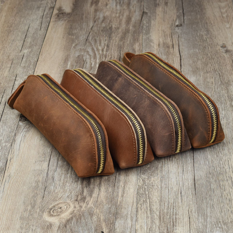 Vintage Minimalist Cowhide Zippered Pencil Case