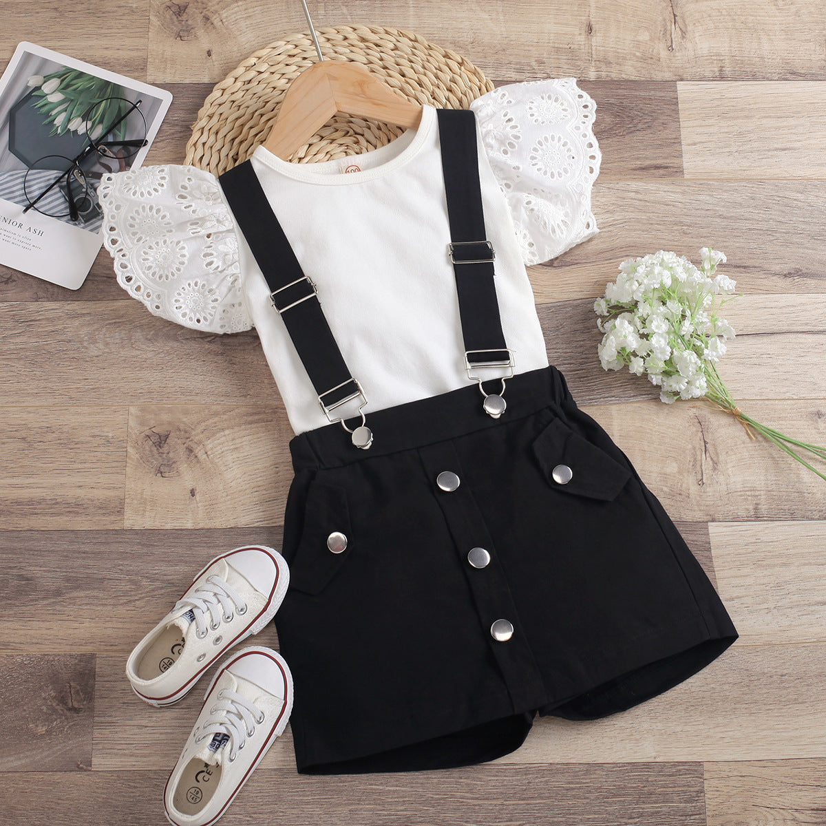 Round Neck Top with Detachable Strap Culottes Baby Clothes