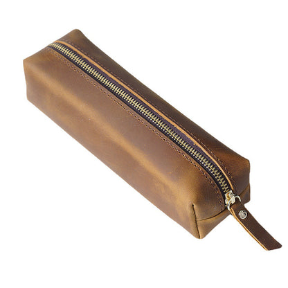 Handmade Cowhide Pen Large Capacity Storage Bag Zipper Pen Bag