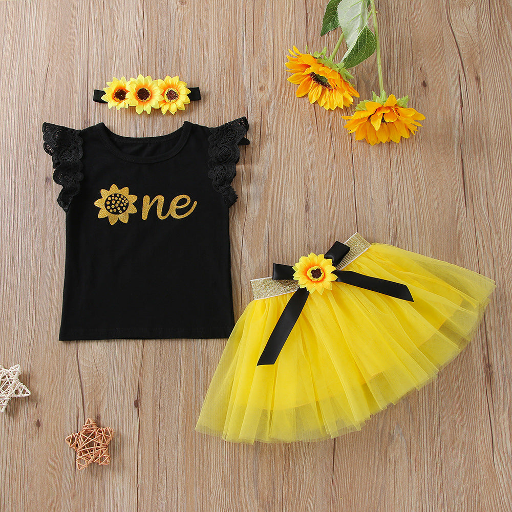 Baby Little Black Bow Gauze Dress Three-piece set