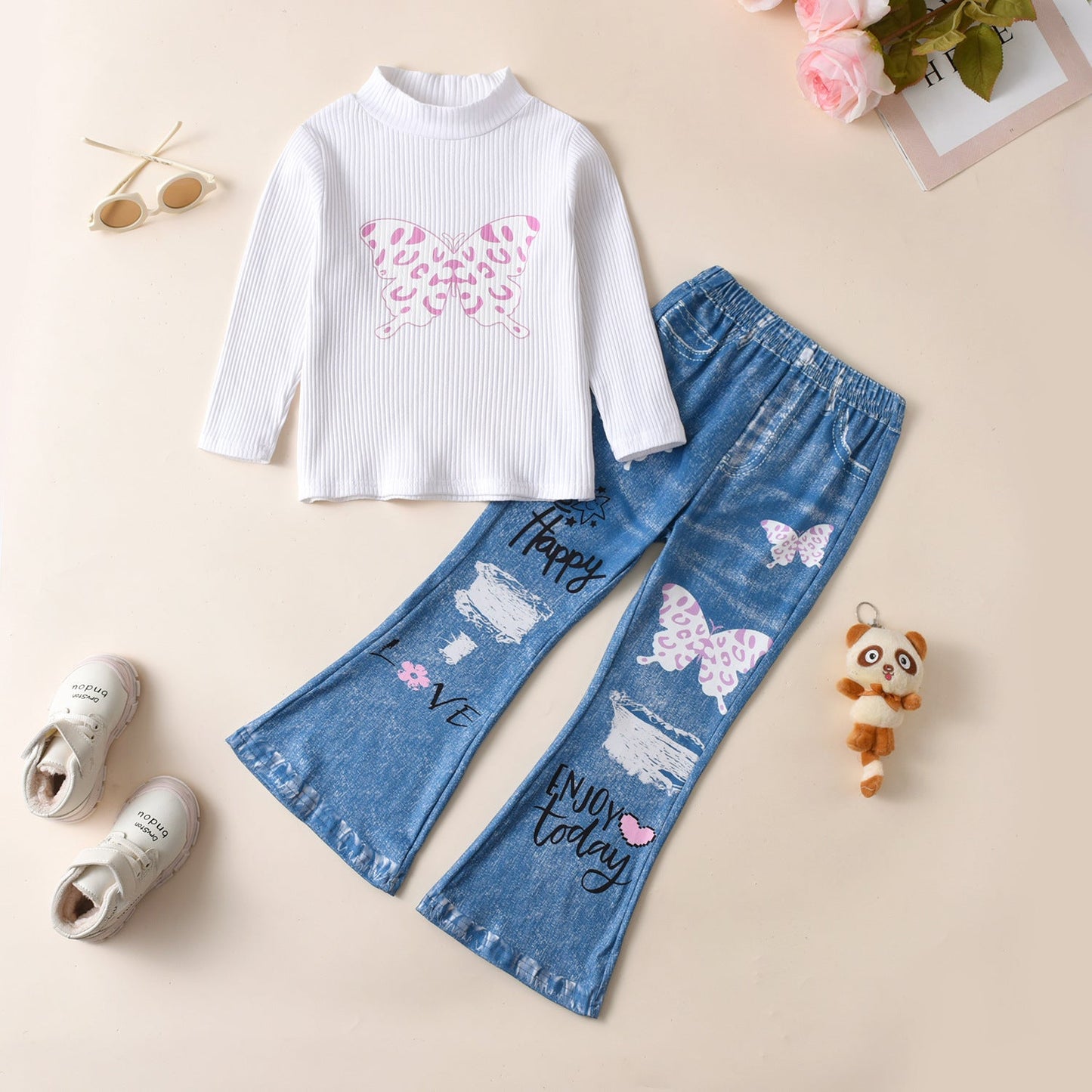 Wholesale Cotton High Neck Knitted Long Sleeve Top Faux Denim Flare Pants Suit