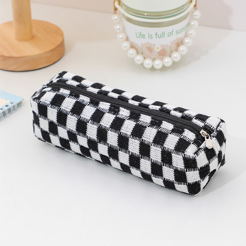 Plush Knitted Wool Checkerboard Pencil Case