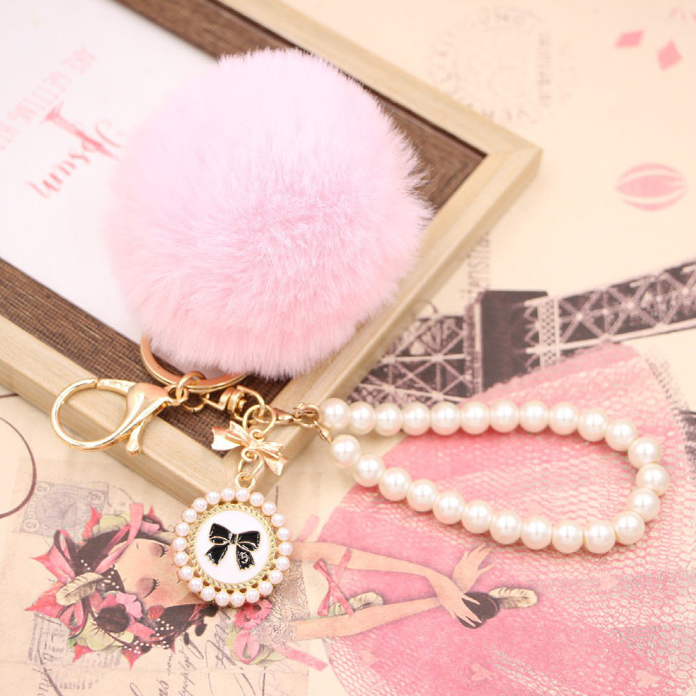 Imitation Rex Rabbit Fur Ball Pearl Chain Bow