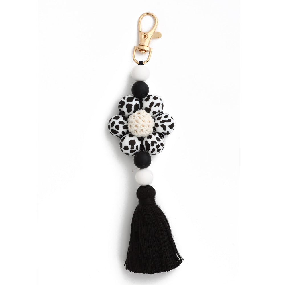 Leopard Print Sunflower Silicone Beaded Tassel Keychain