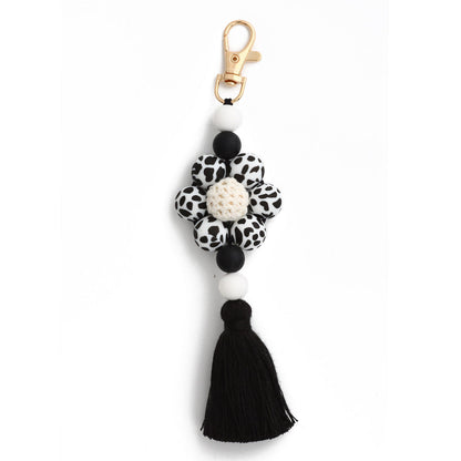 Leopard Print Sunflower Silicone Beaded Tassel Keychain
