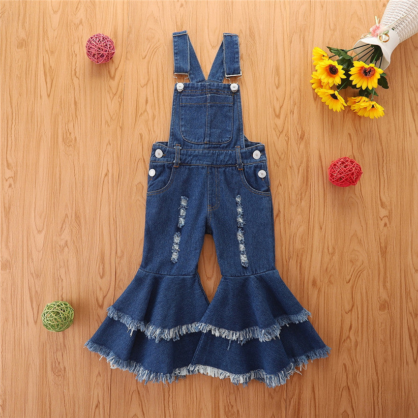 Polyester Children's Fashion Suspender Denim Flare Pants